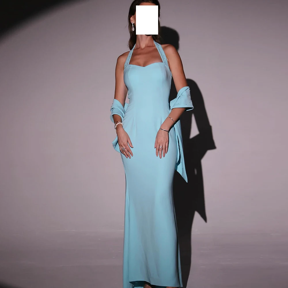 Clssic прямой Холтер шаль без рукавов Джерси длиной до пола синее вечернее платье