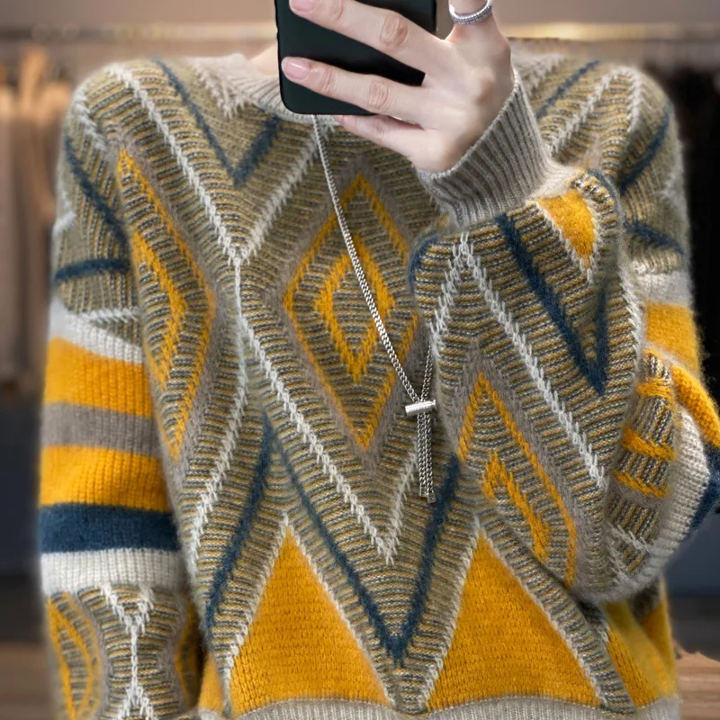 

Новинка 100%, кардиган с круглым вырезом, женское контрастное жаккардовое вязаное Свободное пальто с напуском, свитер