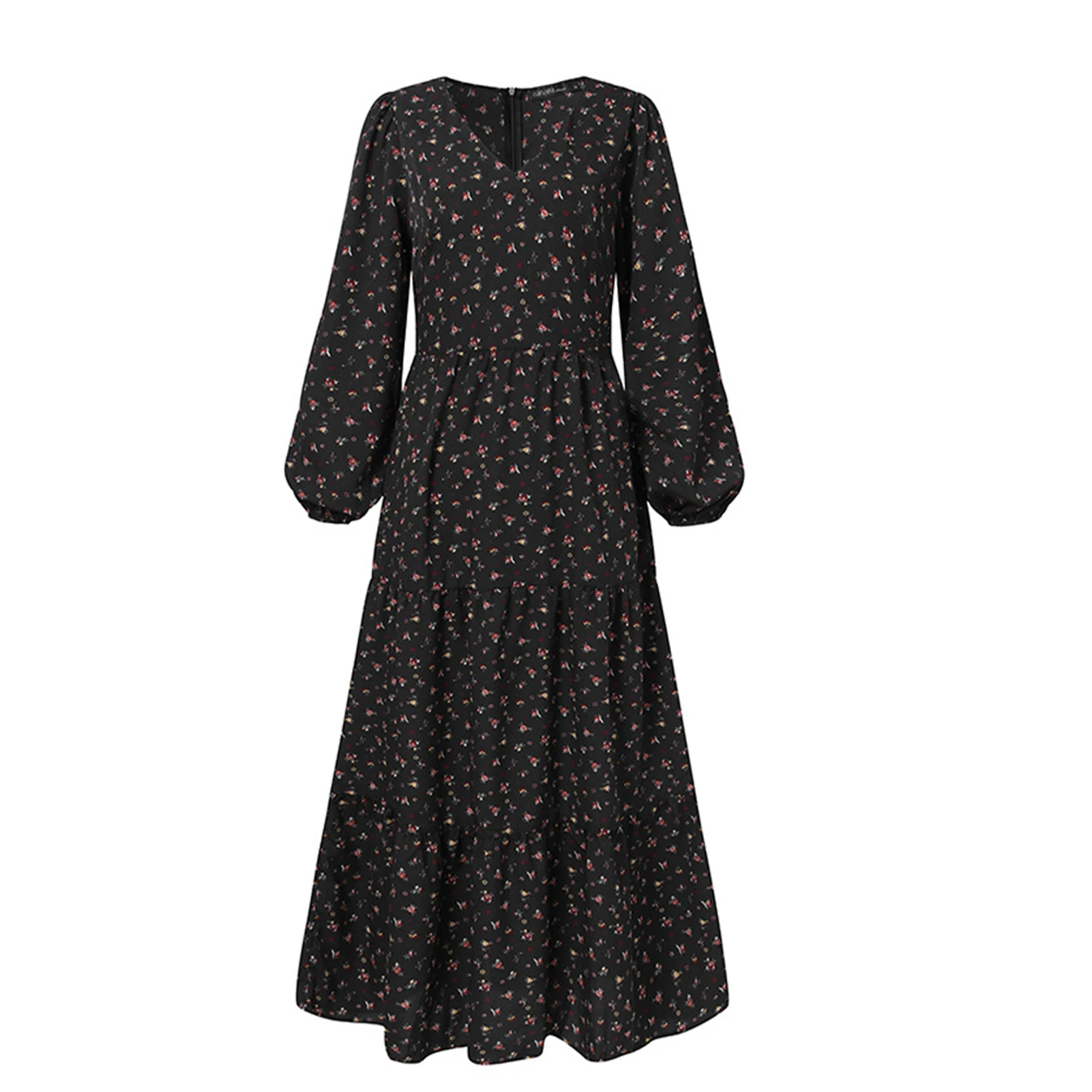 

Платье-Макси женское ТРАПЕЦИЕВИДНОЕ с цветочным принтом, длинным рукавом и V-образным вырезом