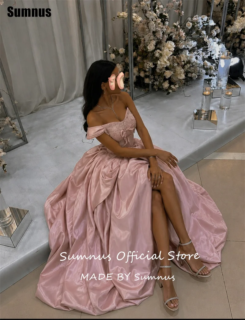Розовое вечернее платье Sumnus Princess A-Line с открытыми плечами, аппликациями и плиссировкой, с высоким разрезом, на заказ (art.: 3920db376517c) - 3920db376517c
