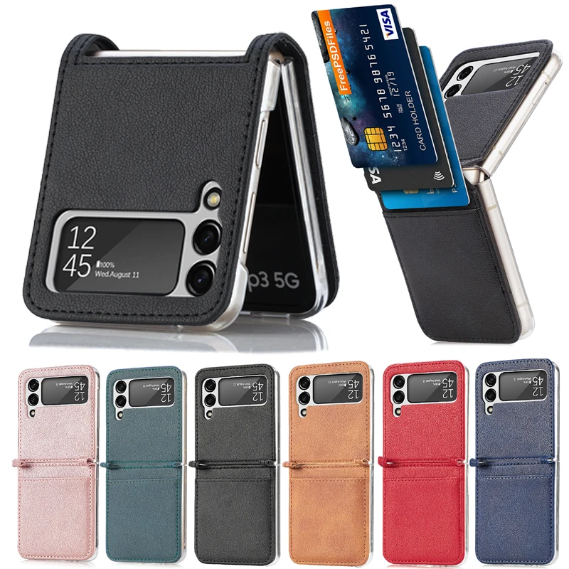 

For Samsung Z Flip 3 Phone Case PU Leather Card Pocket Non-SlipFlip protect Case For Folding phone lychee pattern Design