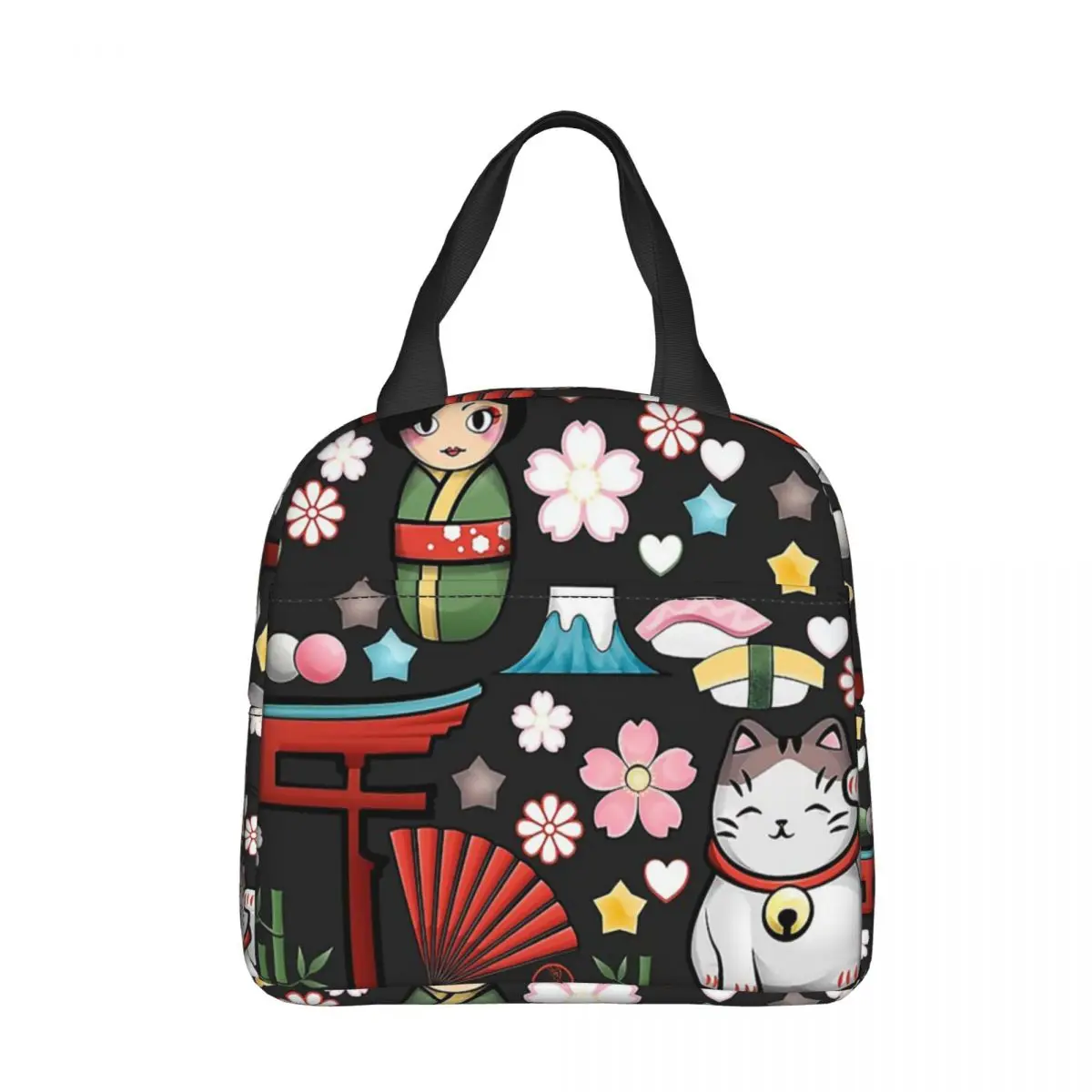 

Maneki Neko Lucky Cat Insulated Lunch Bags Cooler Bag Lunch Container Kokeshi Japanese Doll Tote Lunch Box Food Bag College