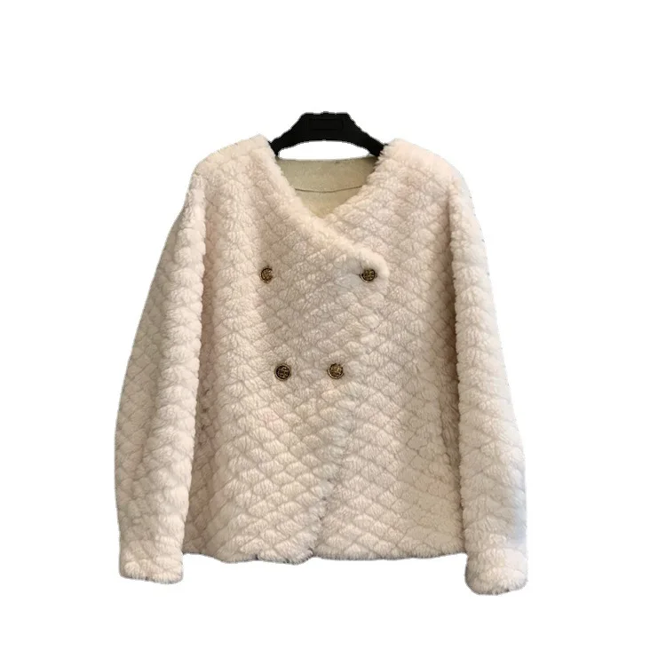 Sheep shearing fur one piece women's round neck short coat