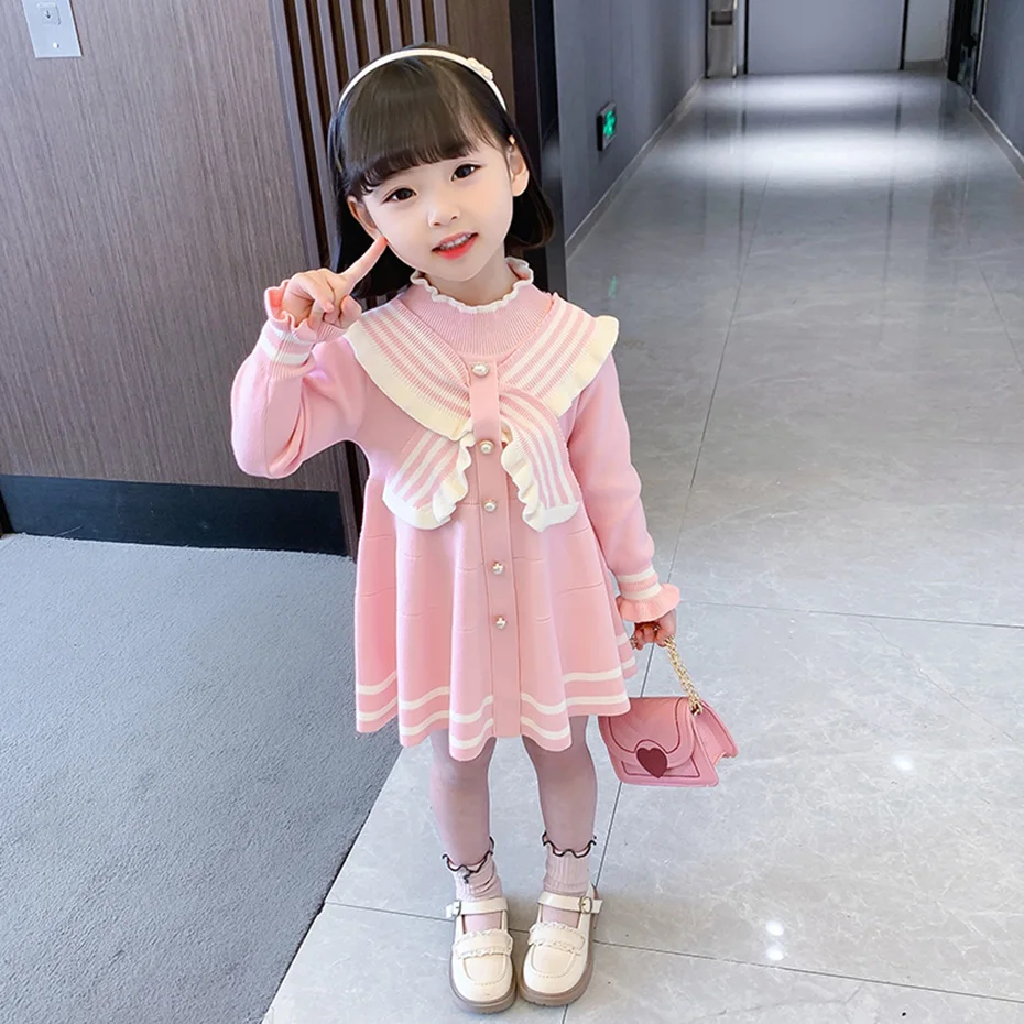 Платье-свитер для девочек вязаное платье в полоску повседневные стильные