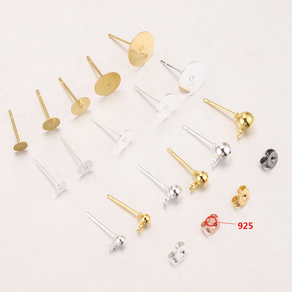 

100 pcs Metal Blank Post Earrings Engraved Studs Base Pins With Plug Ball Needles For Ear Back Jewelry Makings lots