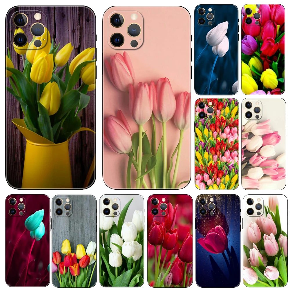 

Tulip flower phone case for iphone 14 2020se 6 6s 7 8 plus x 10 XR XS 11 12 13 mini pro MAX soft black tpu back cover