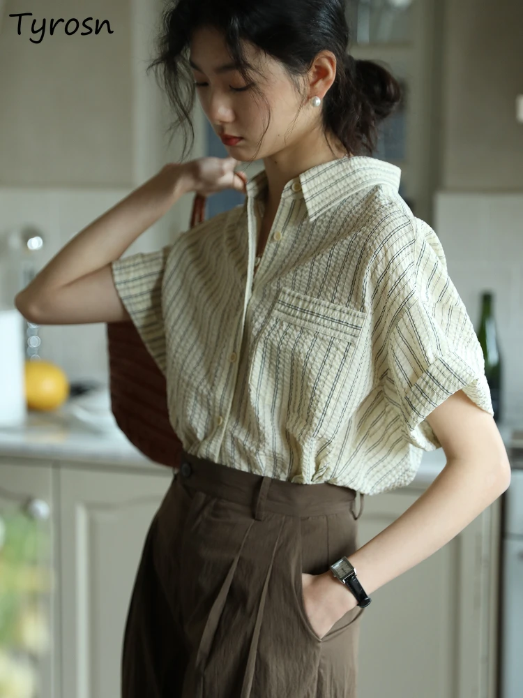 

Striped Shirts Women Pockets Leisure Design Basic Trendy Office Ladies French Style Elegant Simple All-match Summer Short-sleeve