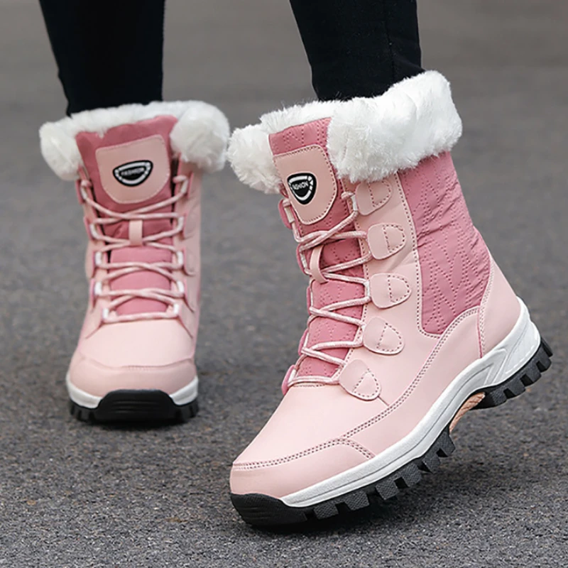 Winter Women's Snow Boots Thickened Plush Warm Anti-skid Hiking Ski Mid-calf Shoes Wearable Outdoor work Boot Large Size 36-42