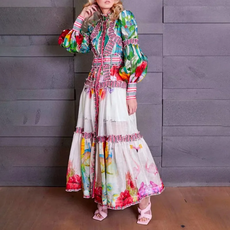 

Женское праздничное платье макси, Элегантное Длинное платье с цветочным принтом, воротником-стойкой, рукавами-фонариками, пуговицами, поясом и высокой талией