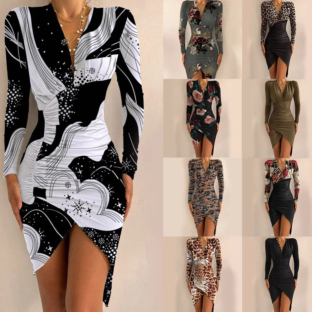 

Autumn/Winter Long Sleeve Slim Fit V-Neck Dress Printed Multicolor Hip Dress