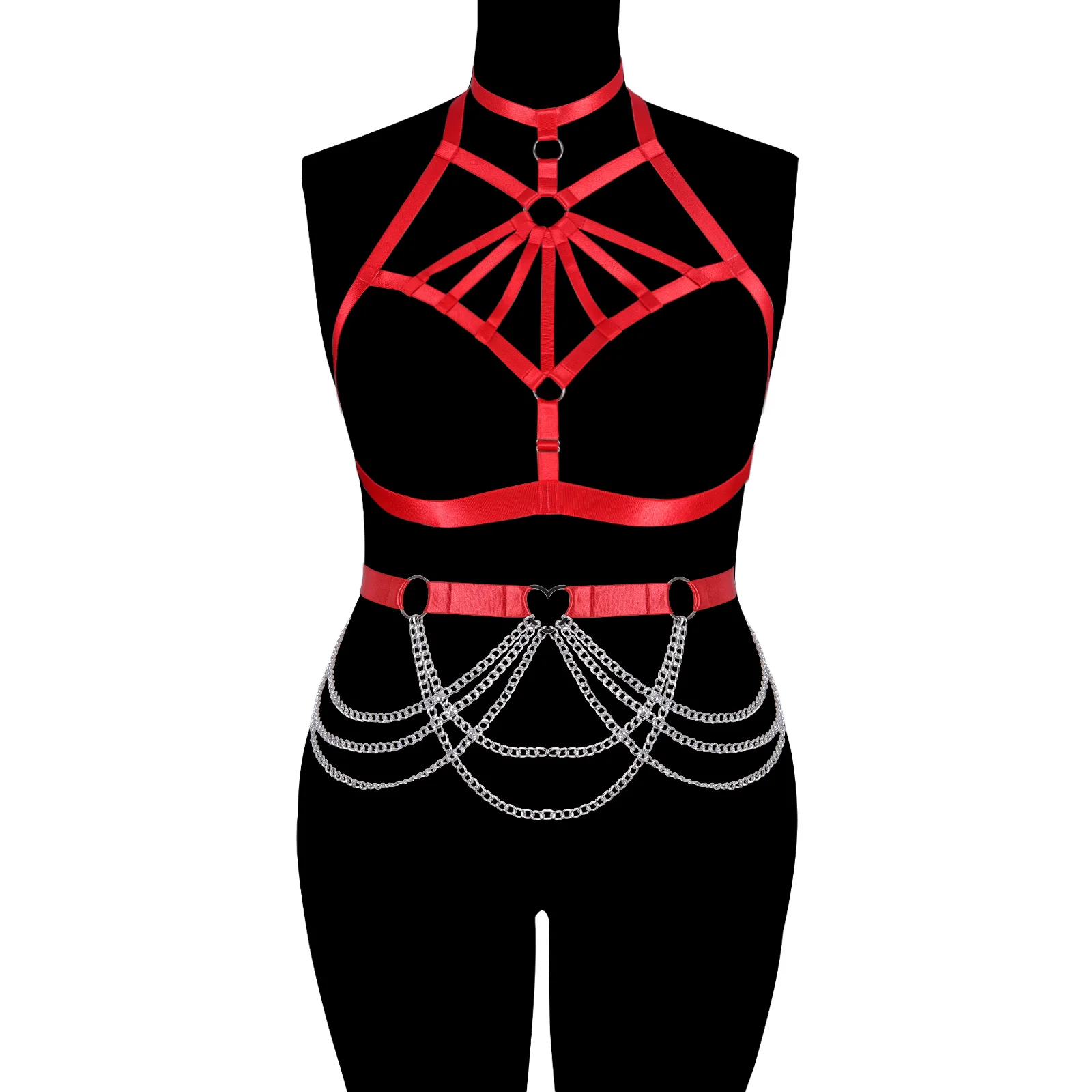 

Women Sexy Lingerie Red Body Harness Bodysuit Adjust Bondage Harness Bra Leg Garter Belt Punk Goth Body Cage Suit