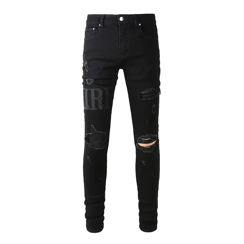 

High Street Style Men Distressed Light Blue Black Embroidered Patch Skinny Stretch Ripped Streetwear Destroyed Holes Brand Jeans
