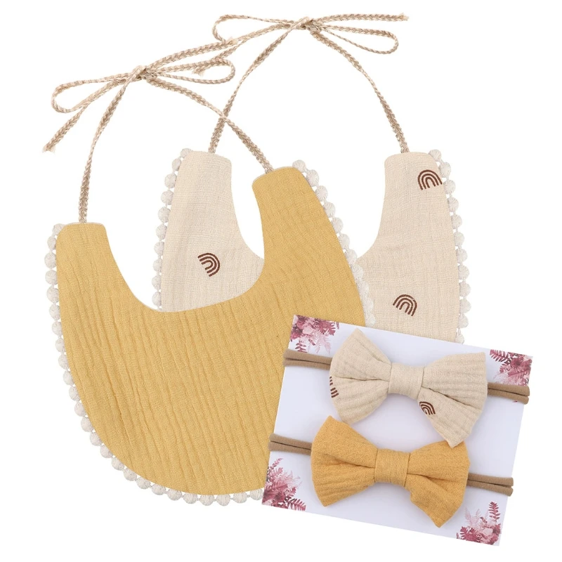 

1 Set Baby Printing Bowknot Headband Bibs Set Double Sided Soft Cotton Feeding Saliva Towel Bandana Scarf Hair Band Kit