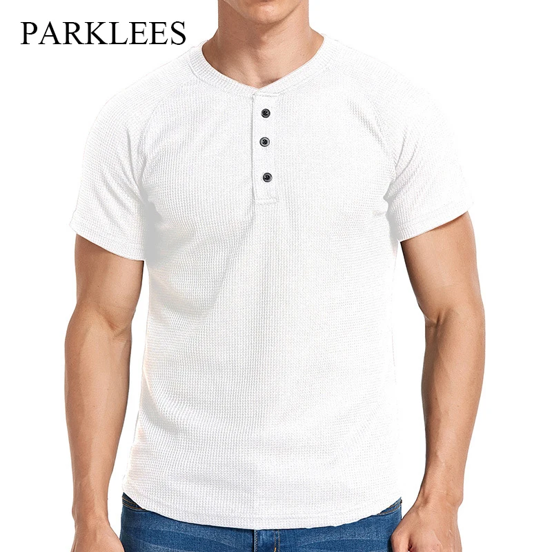 

Parklees Classic Solid Waffle Henley T Shirt 2022 Summer Short Sleeve Breathable T shirts Loose Casual Regular Fit Pullover Tops