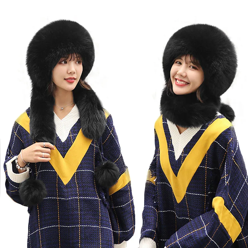 2023 Natural Real Fox Fur Hat For Women Winter Russian Ushanka Aviator Trapper Snow Ski Hat Earflap Caps Raccoon Fur Bomaber Hat
