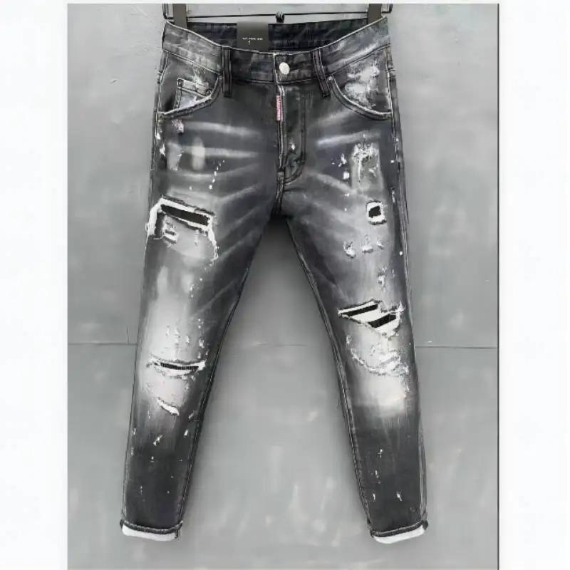 Frayed Ripped Jeans High Street Motorcycle Denim Fabric Pants 051-1# black jeans  jeans