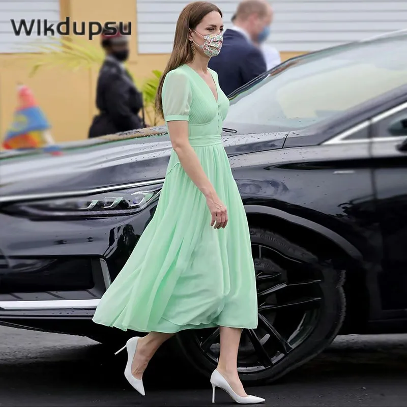 Princess Kate Middleton Dress Solid Color Chiffon New Fashion Casual Elegant Summer Dresses Office Ladies Europe Style Dresses