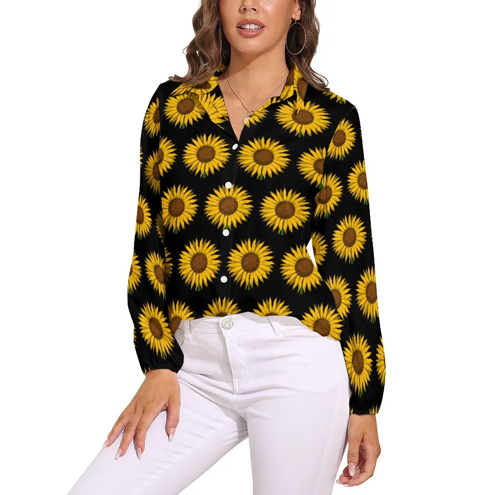 

Yellow Flower Blouse Sunflower Print Trendy Printed Blouses Women Simple Shirt Summer Long-Sleeve Oversized Top