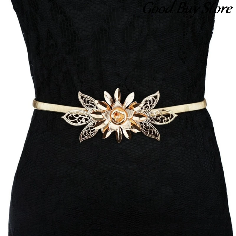

Lady Gold Metal Chain Belt Flower Embellishment Waistband Women Skirt Dresses Belts Club Party Elegant Cummerbund Buckle Sexy