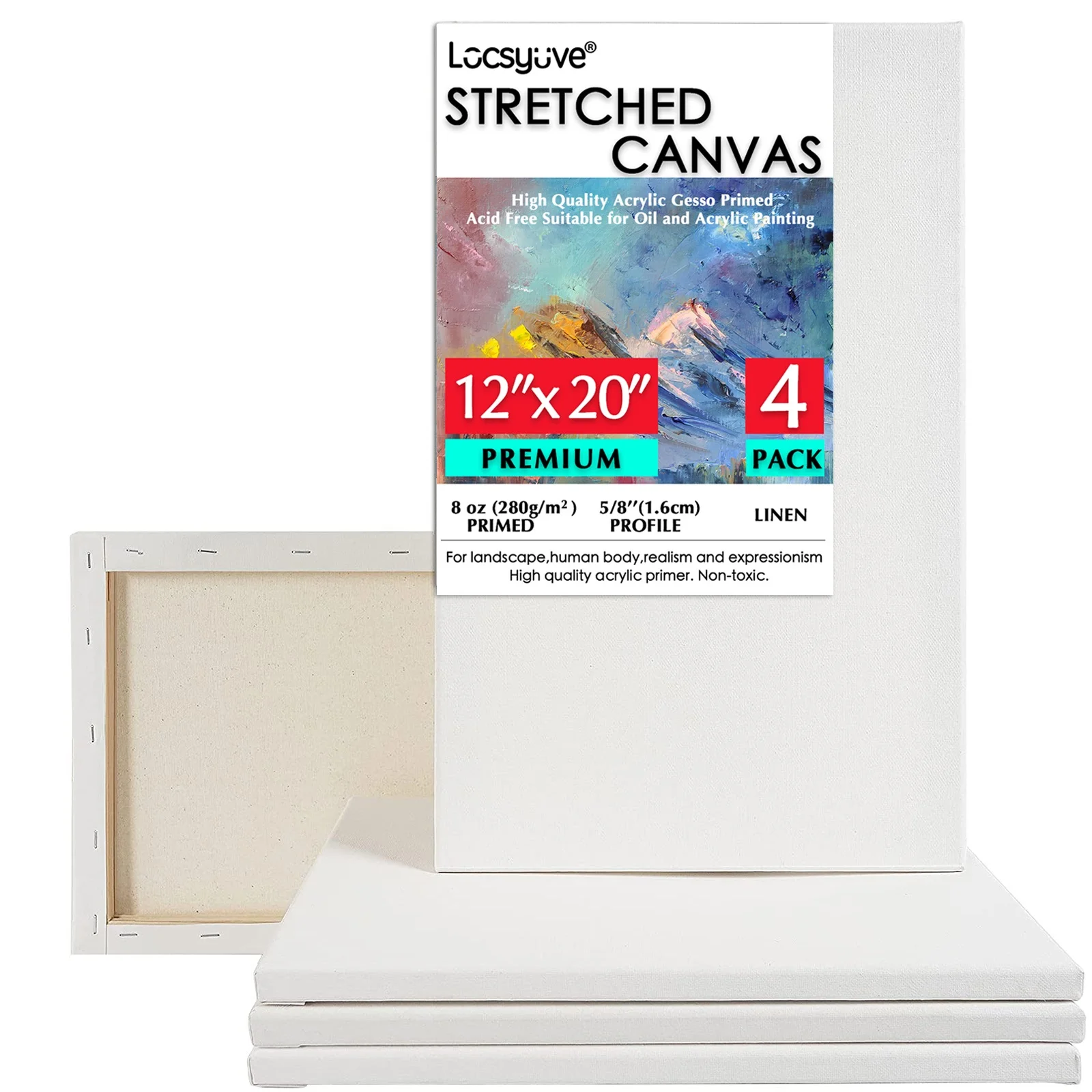 

Locsyuve Stretched White Blank Canvas 12x20 Inch, Set of 4,100% Linen, Primed, for Acrylic,Oil,Other Wet or Dry Art Media