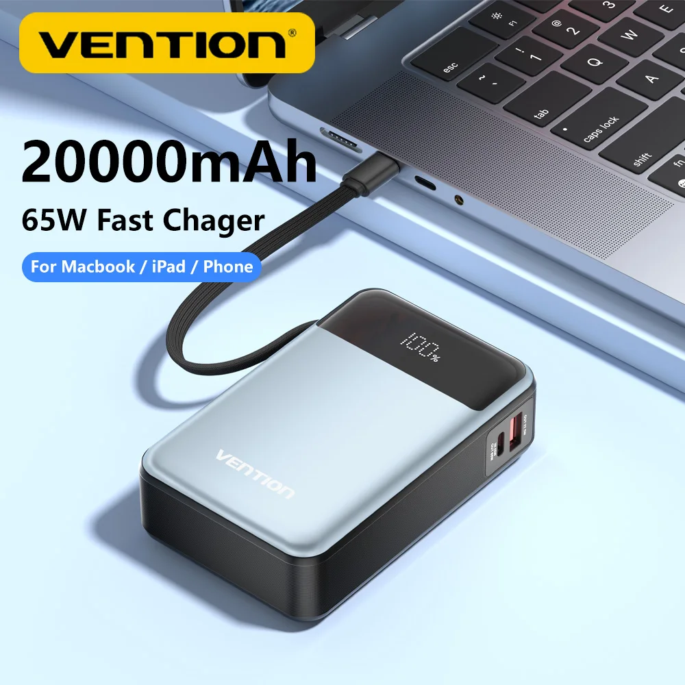 Vention Power Bank 20000 мАч 65 Вт быстрое зарядное устройство PD со встроенным кабелем Type-C