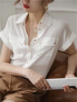 2022 summer blouses shirts women short sleeve tops solid lapel pockets white shirts office lady korean female clothing blusas