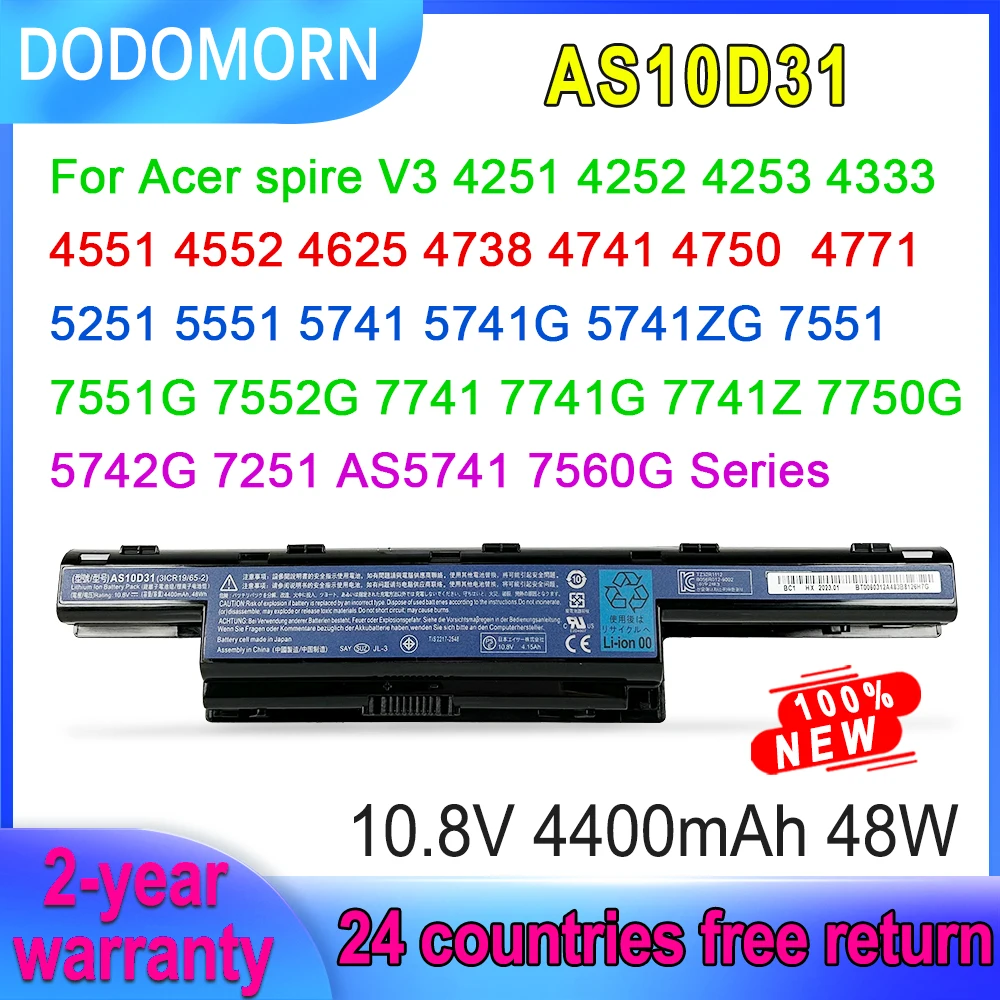 

DODOMORN AS10D31 Laptop Battery For Acer Aspire 4251 4252 4253 4551 4552 4625 4741 4750 5551 5741 AS10D41 AS10D51 4400mAh 10.8V