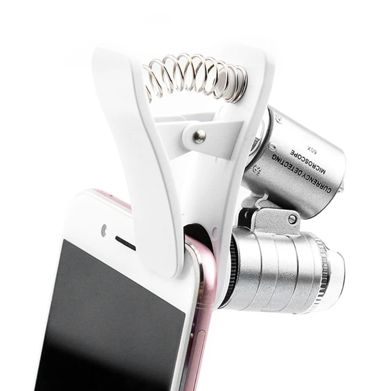 

60X Microscope Illumination Mgnifying Glass Pocket Magnifier with Cellphone Clip UV & LED Light for Printing Engraving