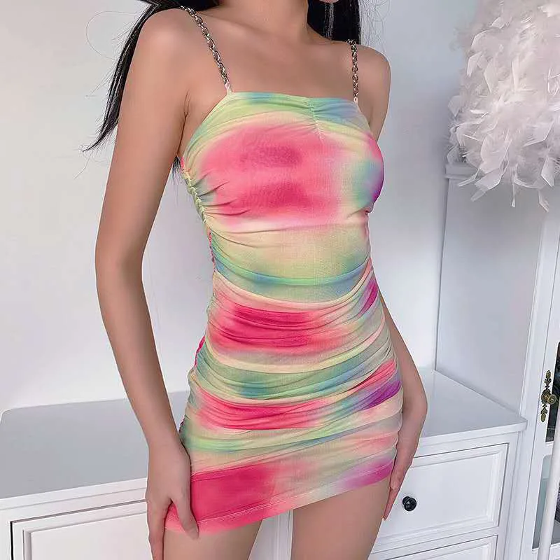 

European and American New Women's Dyed Chain Suspender Dress 2022 Fashion Sexy Backless Summer Holiday Short Skirt Dress Female