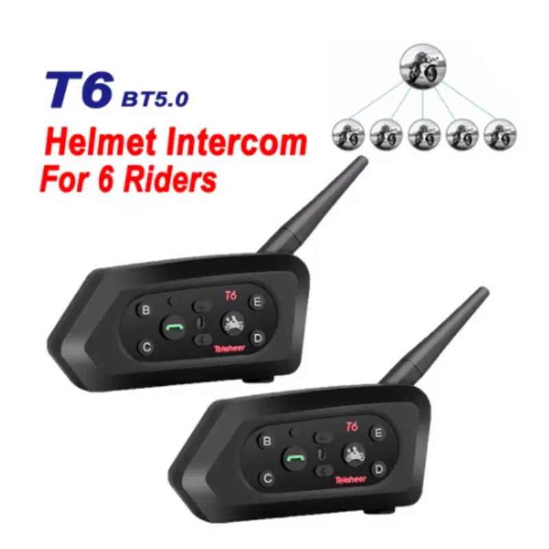 Player T6 Bluetooth Motorcycle BT Communicator Helmet Intercom Headset With 1200m Interphone For 6 Riders