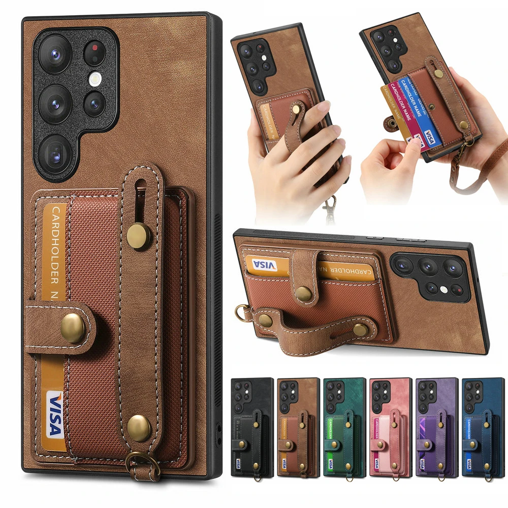

Wristband Leather Card Wallet Case for Samsung Galaxy S23 S22 S21 S20 Ultra S 23 FE 20 Note 9 S10 E S9 S8 21 22 Plus Back Cover