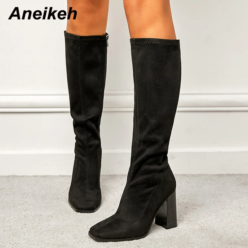 

Aneikeh 2023 New Rome Style Solid Black Knee-High Party Career Boots Side Zippers Chelsea Shoes Square Heel Size 35-42