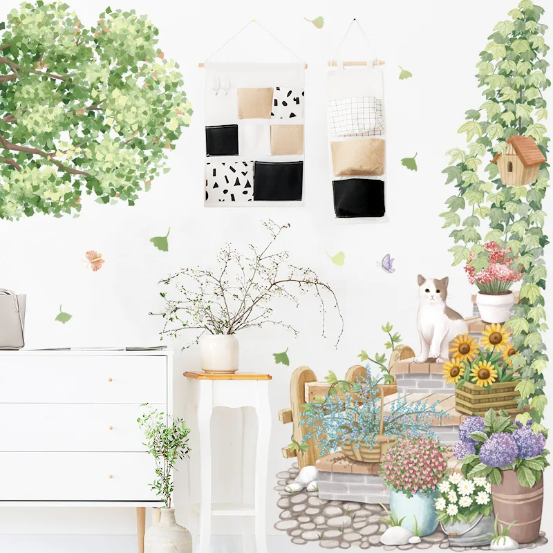 

Green Tree Plant Daisy Wall Stickers Cat Sunflower Door Stickers Sofa Bedroom Living Room Background Home Decor Art Wallpaper