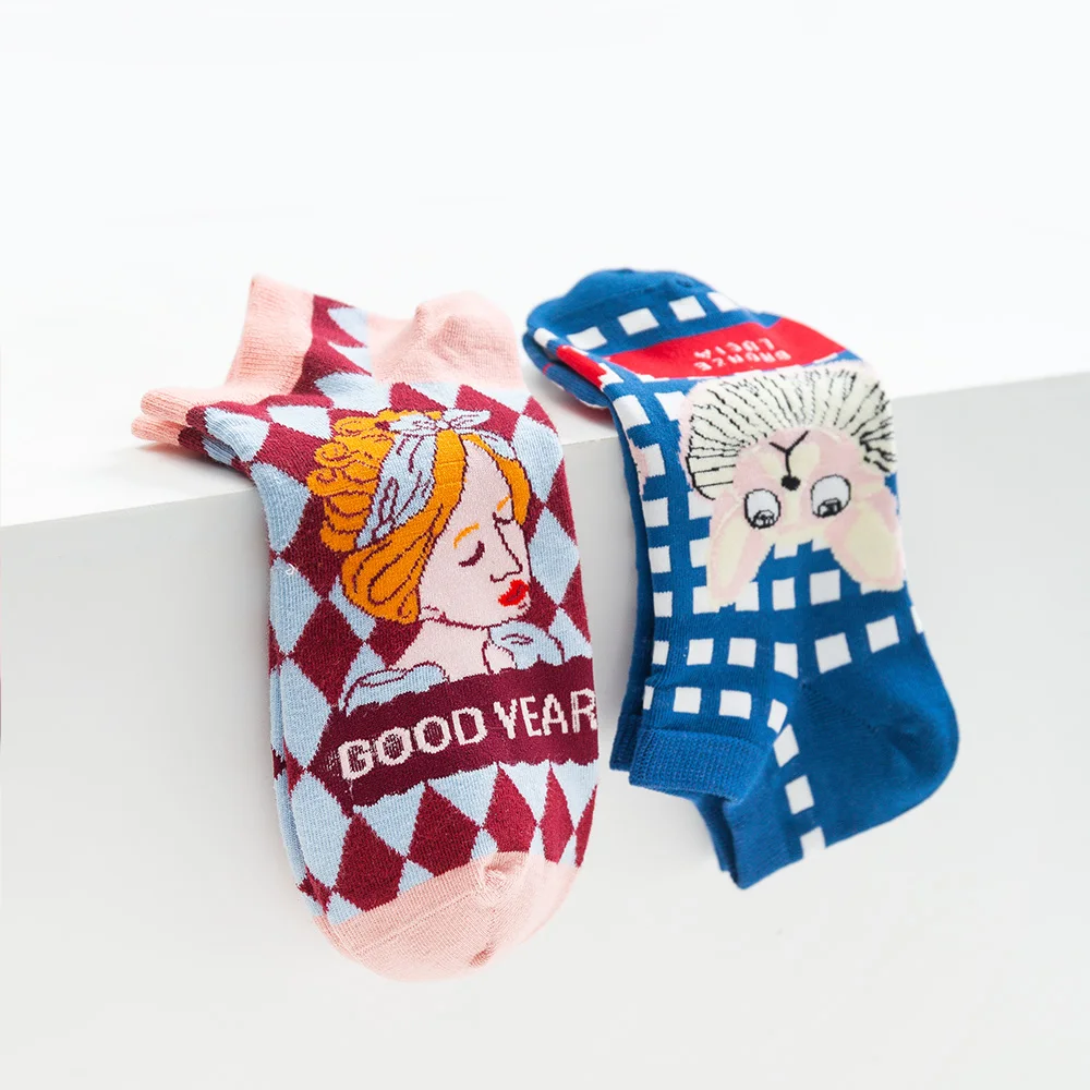 Original Tide Brand Lolita Vintage Lllustrated Socks Cute Cartoon Cat Cotton Preppy Style Men's And Women's Low Top Boat Socks