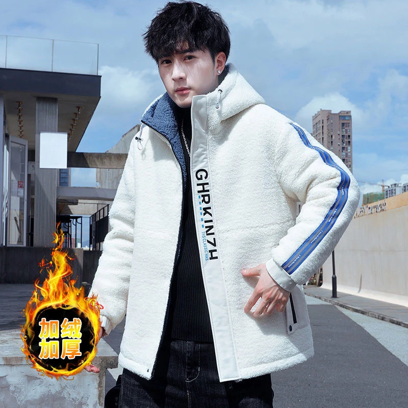 Granular Fleece Jacket Men's Tide Brand 2022 New Lamb Hair Thickening Winter Wear Hooded Winter Menswear