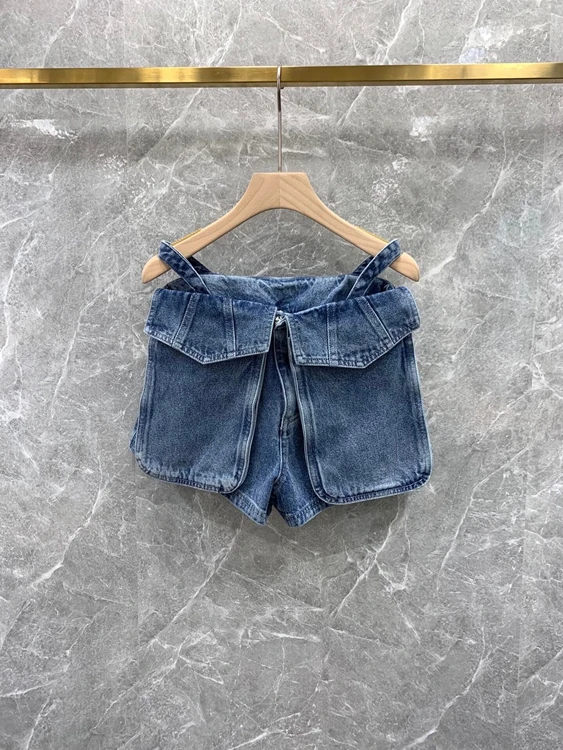 

2022 new women fashion loose and casual large pocket washed denim shorts 713