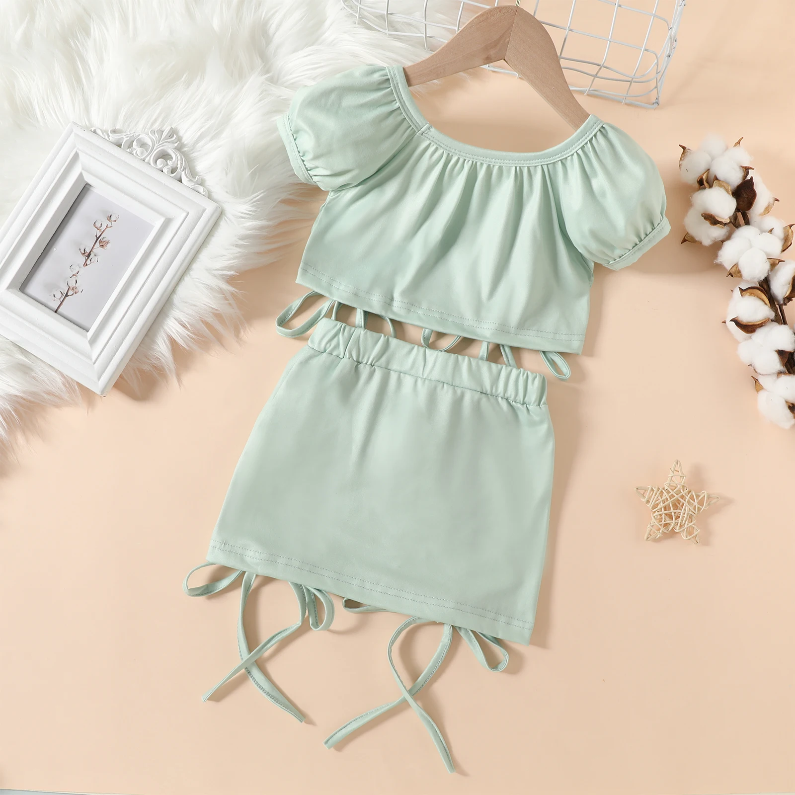 Solid Tie-Up Straps Pleated Clothes Suit Little Baby Girl Two-Piece Outfits Short Puff Sleeve Crop Tops Elastic Waist Skirt 1-5T enlarge