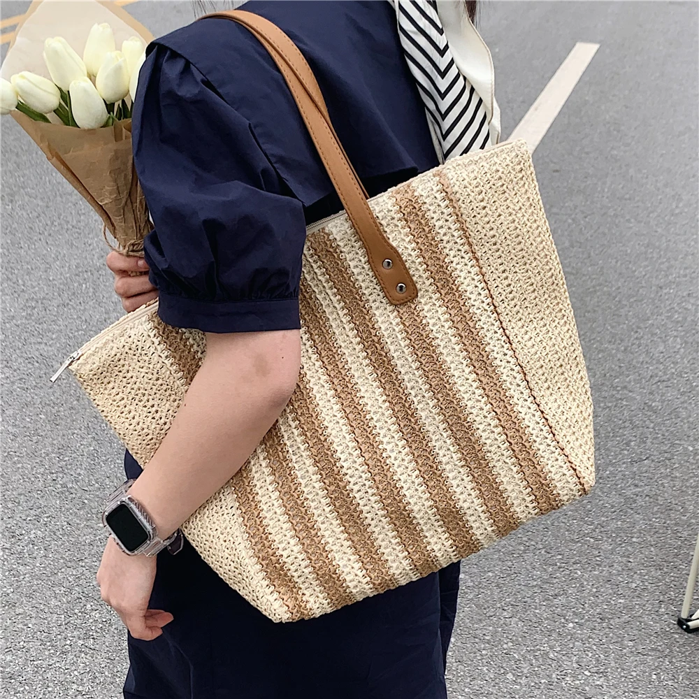 

Burminsa Striped Woven Straw Large Shoulder Bags For Women Summer 2022 Trends Simple Shopper Female Totes Travel Ladies Handbags