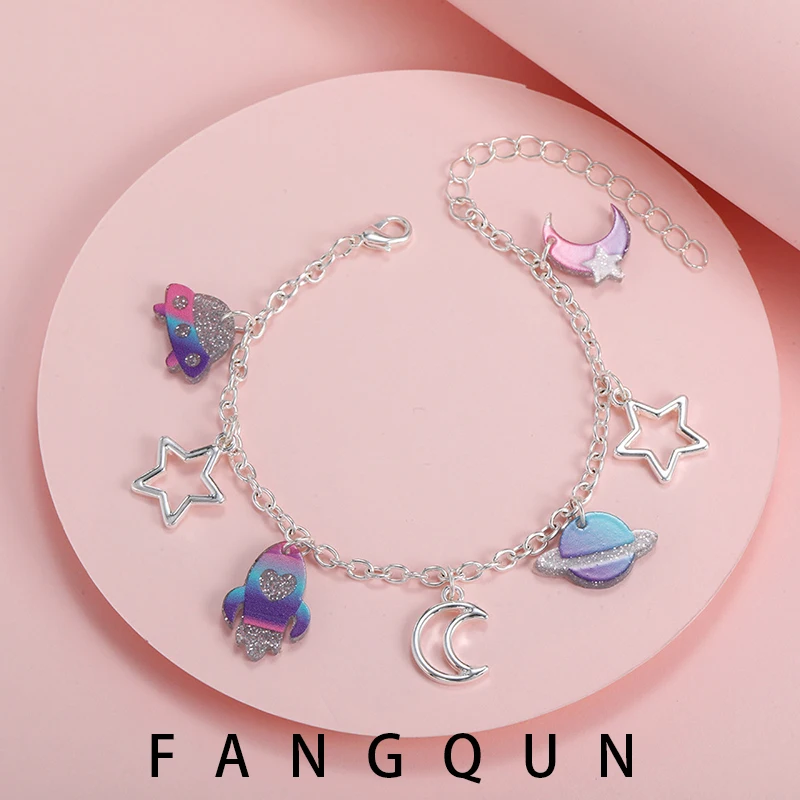 Outer Space Theme Bracelet for Boys Girls Rocket Ship Stars Moon Charm Acrylic Bracelets Fashion New Jewelry Gifts