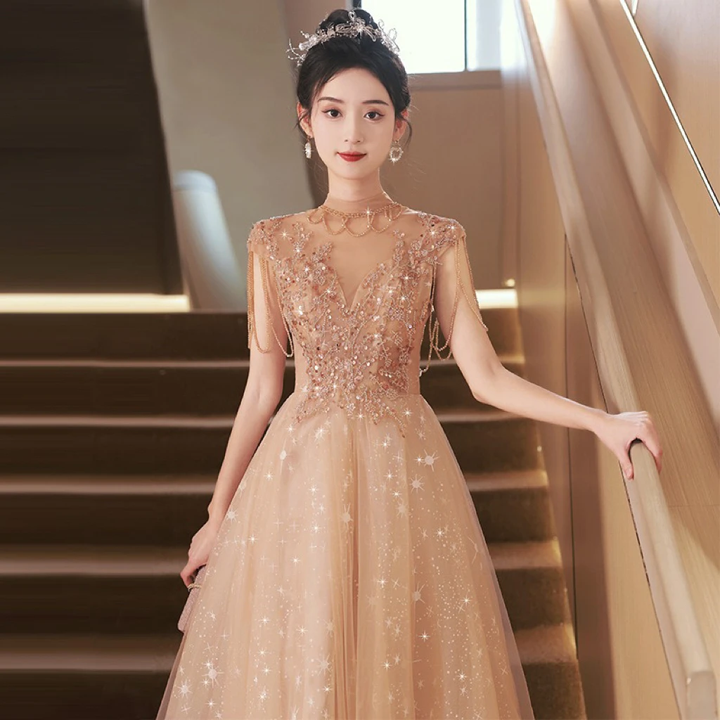 

Elegant Cocktail Dress Champagne Applique High-neck Cap Sleeve Beading Chain Floor Length Sequins Wedding Performance Prom Gown