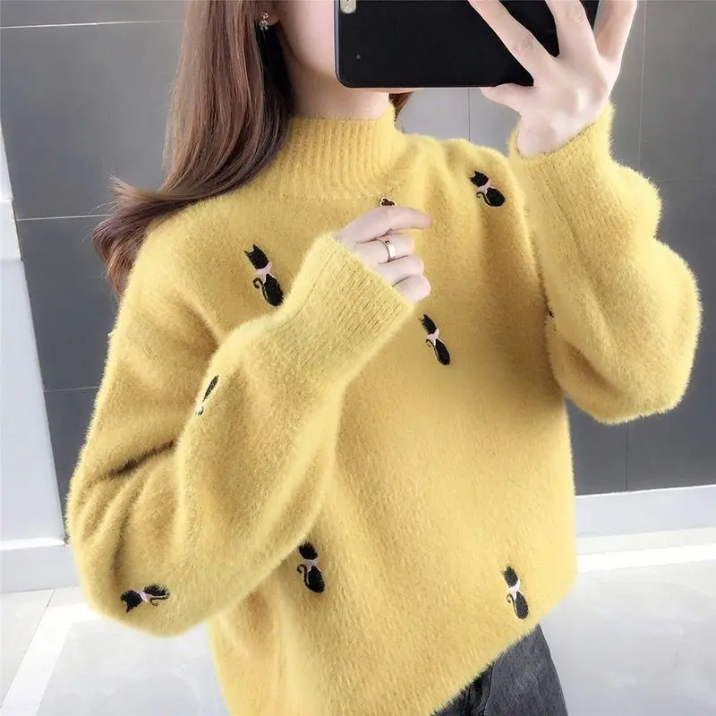 Fashion New Women's Imitation Mink Cashmere Sweater Autumn and Winter Ladies Thickened Warm Female Knitted Base Shirt