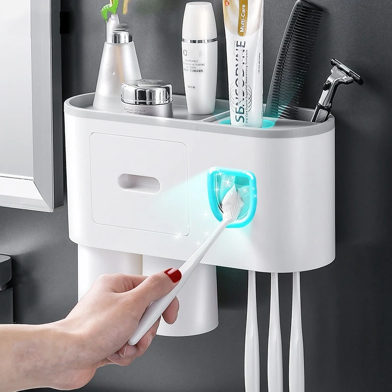 wall mounted magnetic adsorption toothbrush holder with 2 toothpaste dispenser free punch storage bathroom accessories free global shipping
