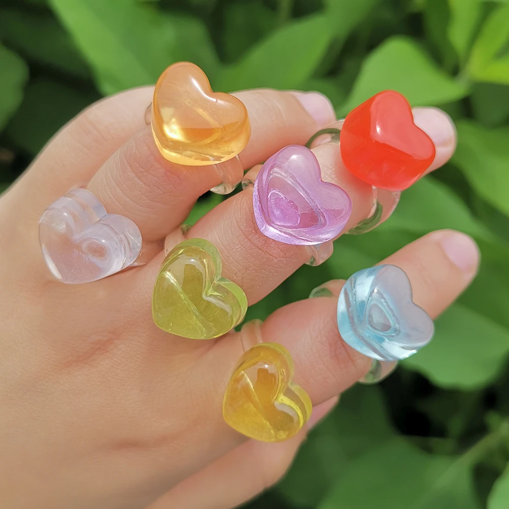 

New Cute Sweet Geometric Heart Rainbow Colorful Transparent Resin Acrylic Ring For Women Girls Summer Party Chic Jewelry Gifts
