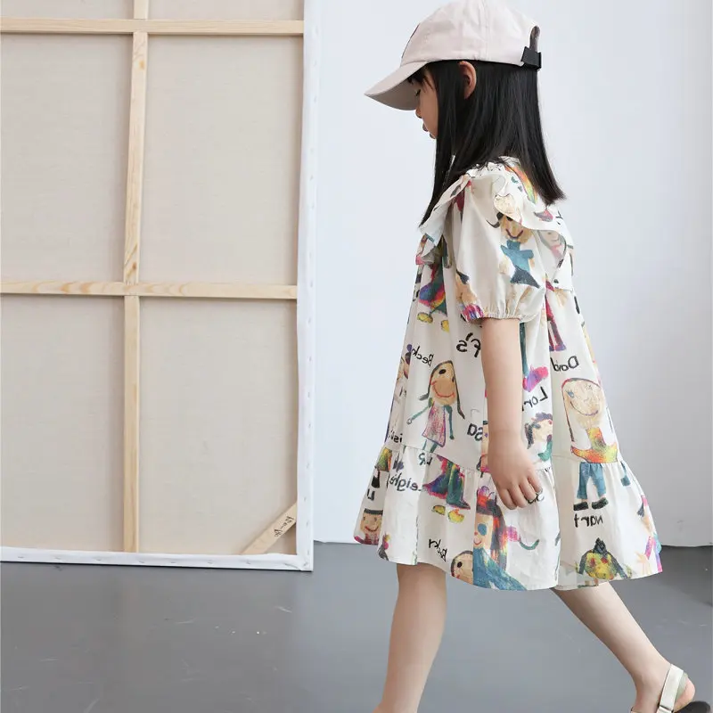 

2023 Girls Summer Dress Printed Cut Fashion Elegant Girl Kids Comfortable Birthday Party Wear Children Clothes Outfits Vestidos