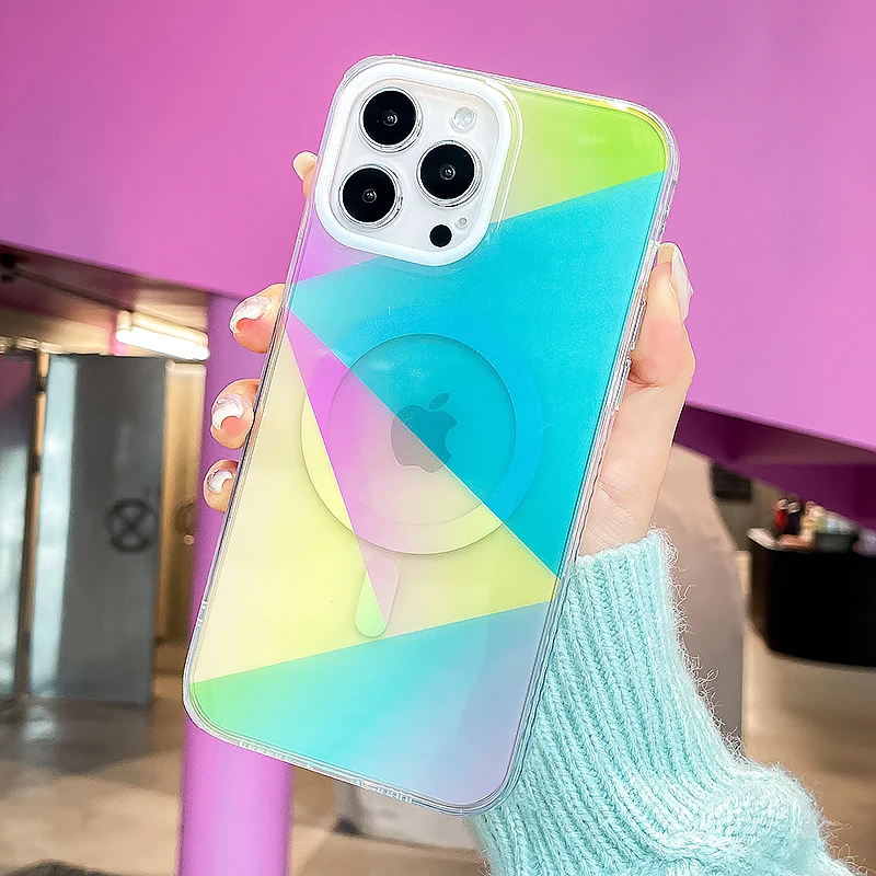 

Geometric Magsafe Magnetic Case For iPhone 14 13 12 11 Pro Max iPhone 14 Plus Wireless Charging Lens Protection Shockproof Cover