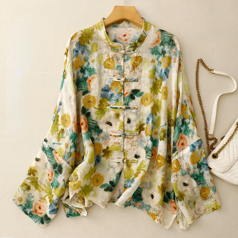 Винтажная женская рубашка из хлопка и льна летняя одежда с принтом распродажа