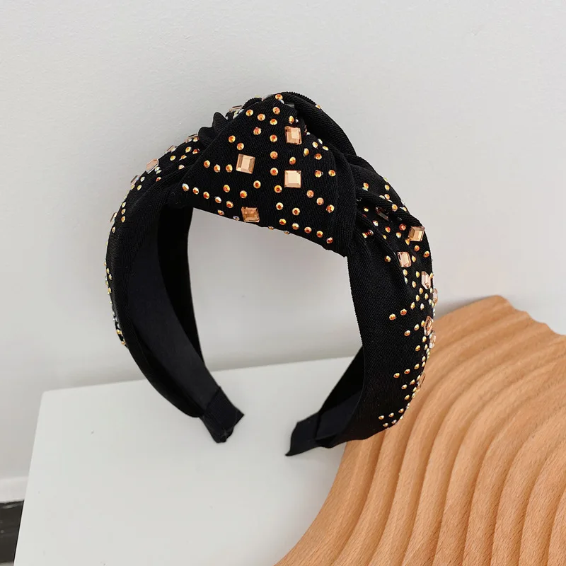 

New Full Crystals Decorated Wide Headband for Women Solid Fabric Head Band Hot Drill Rhinestones Knot Hairband Ladies Hair Hoop