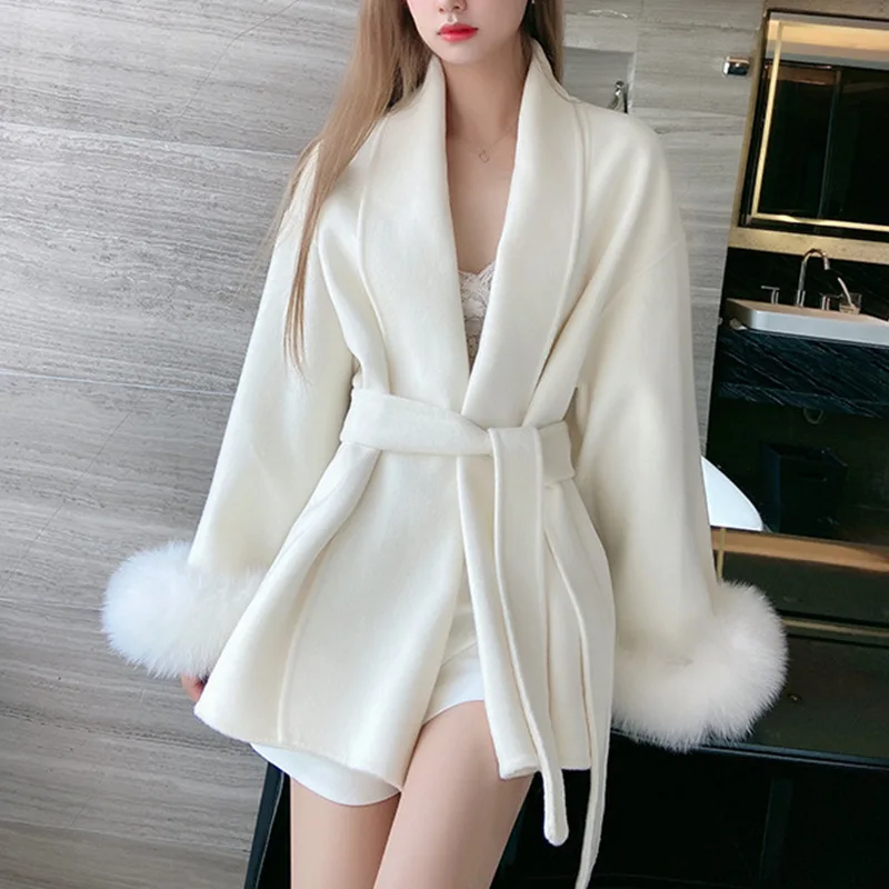 

New Hand Made High Quality Lady Cashmere Wool Blend Coat Women's Luxury Real Fox Fur Cuff Loose Cape Style Outerwear With Belt