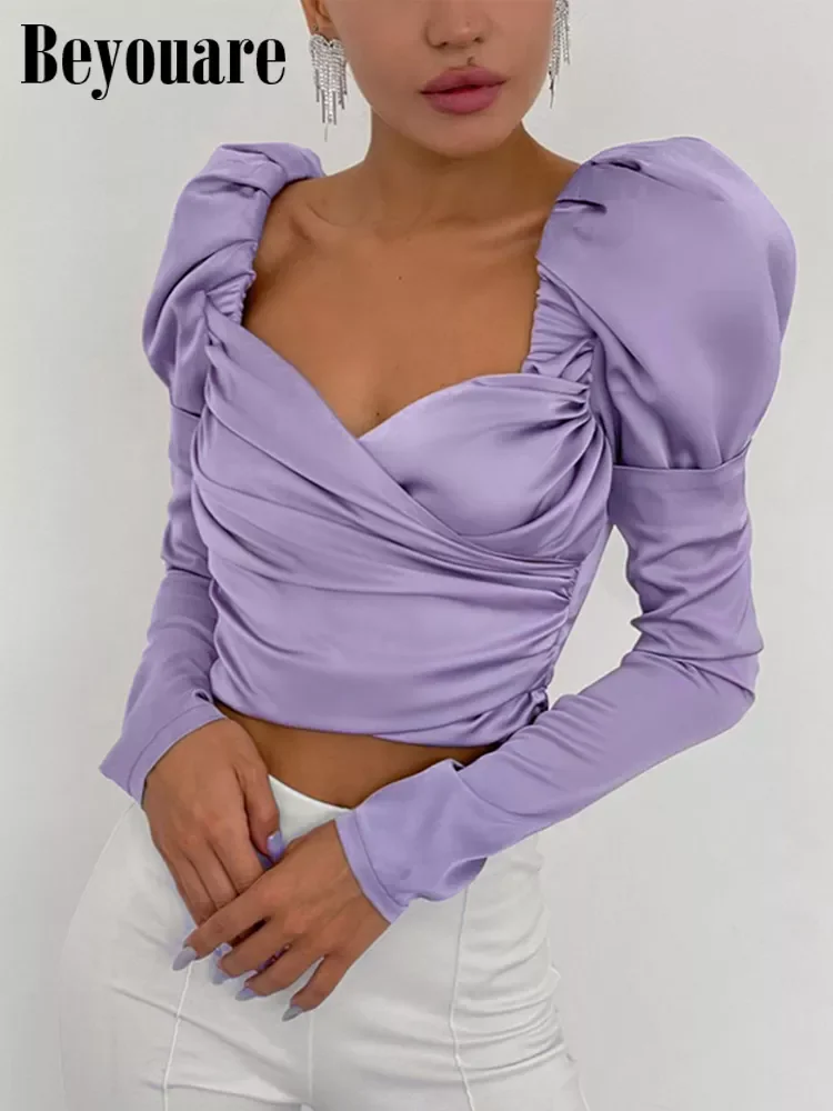 

Beyouare Vintage Puff Sleeve Satin Shirt Elegant Women's Blouse Square Collar Folds Slim Crop Tops Autumn Sexy Chic Party Sh