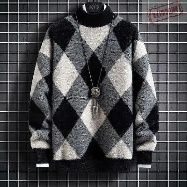 

Autumn and Winter Round Neck Warm Fashion Casual Plaid Sweater Men's Slim Soft Pullover Men's Knitted Pullovers 2023 W23